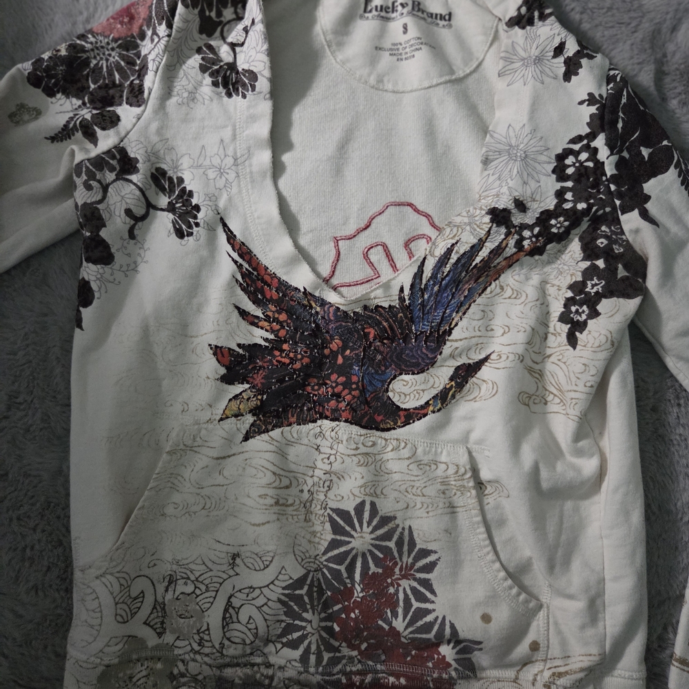 Lucky Brand Cream and Black Graphic Hoodie